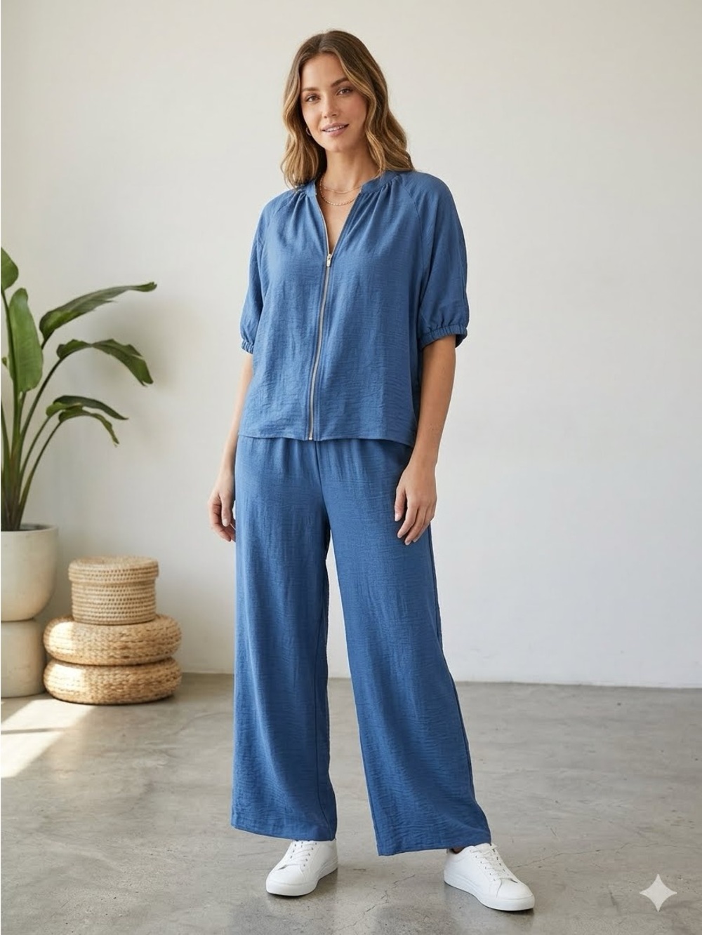 Womens Relaxed Blue Drawstring 2 Piece Pant Set XL Wide Leg Work Travel AI Image